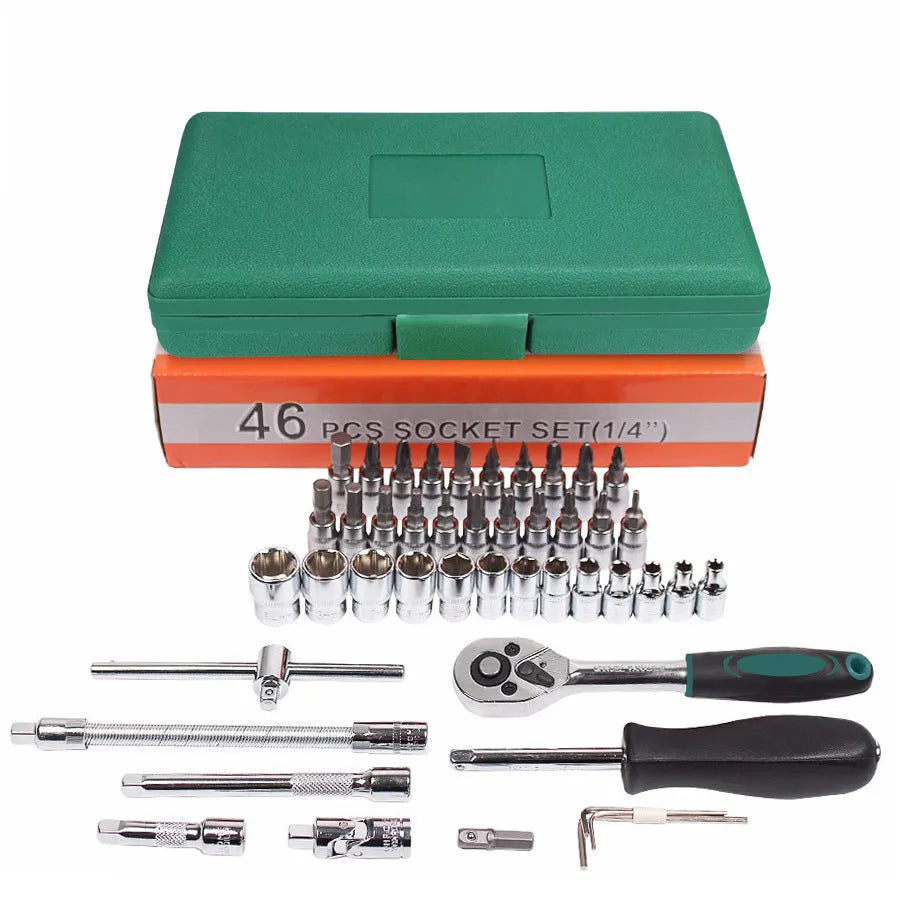 Green 46-piece metric socket set for car repair with alloy steel tools in plastic storage case