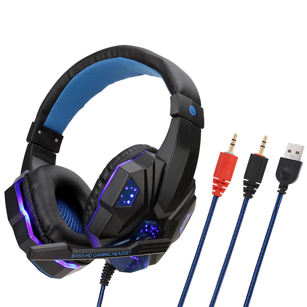 Wired PS4 gaming headset with LED lights in black and blue colour combination showing over-ear design