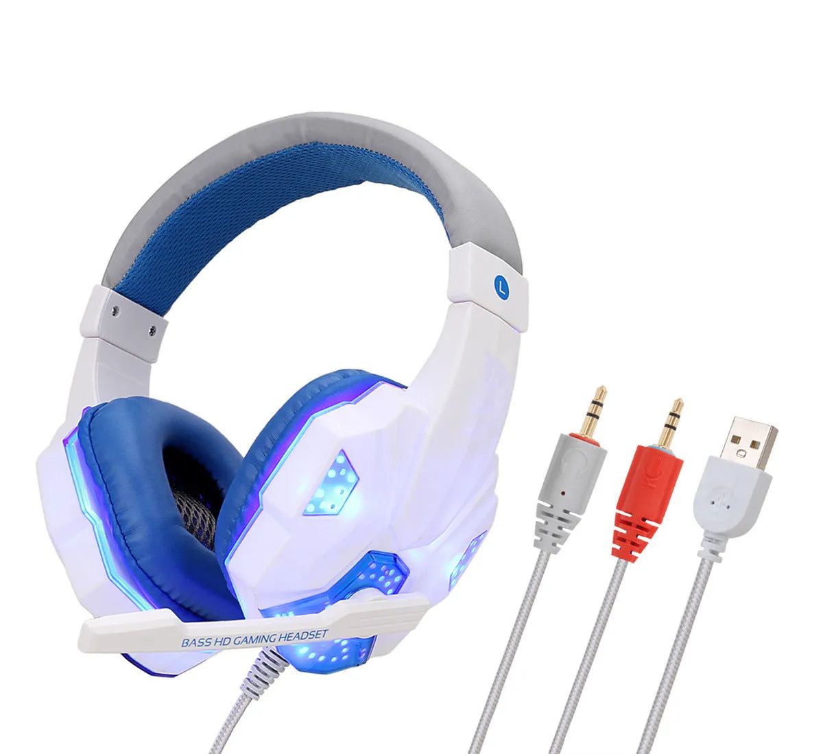 Wired PS4 gaming headset with LED lights in black and blue colour combination showing over-ear design