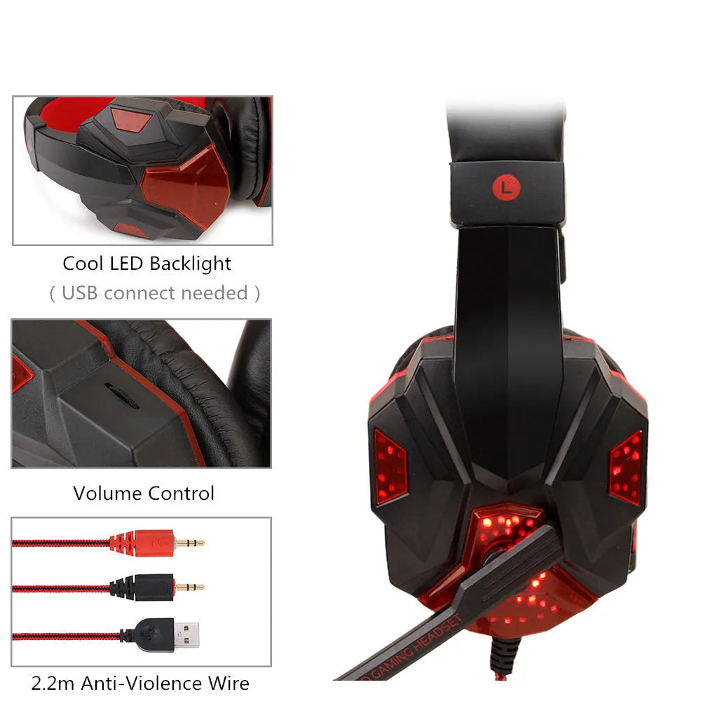 Wired PS4 gaming headset with LED lights in black and blue colour combination showing over-ear design