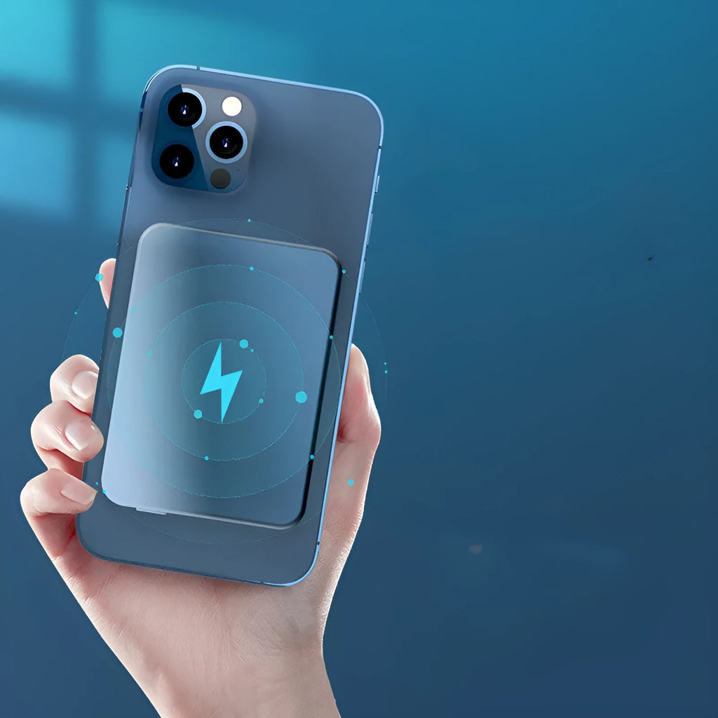 Silver aluminium magnetic wireless charging power bank for iPhone with USB-C port.