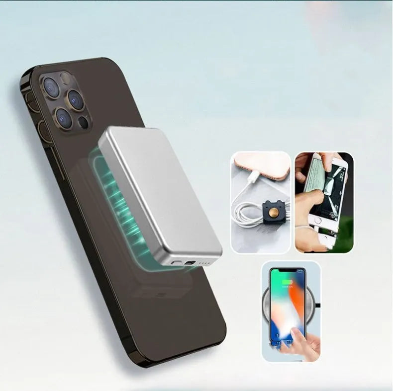 Silver aluminium magnetic wireless charging power bank for iPhone with USB-C port.