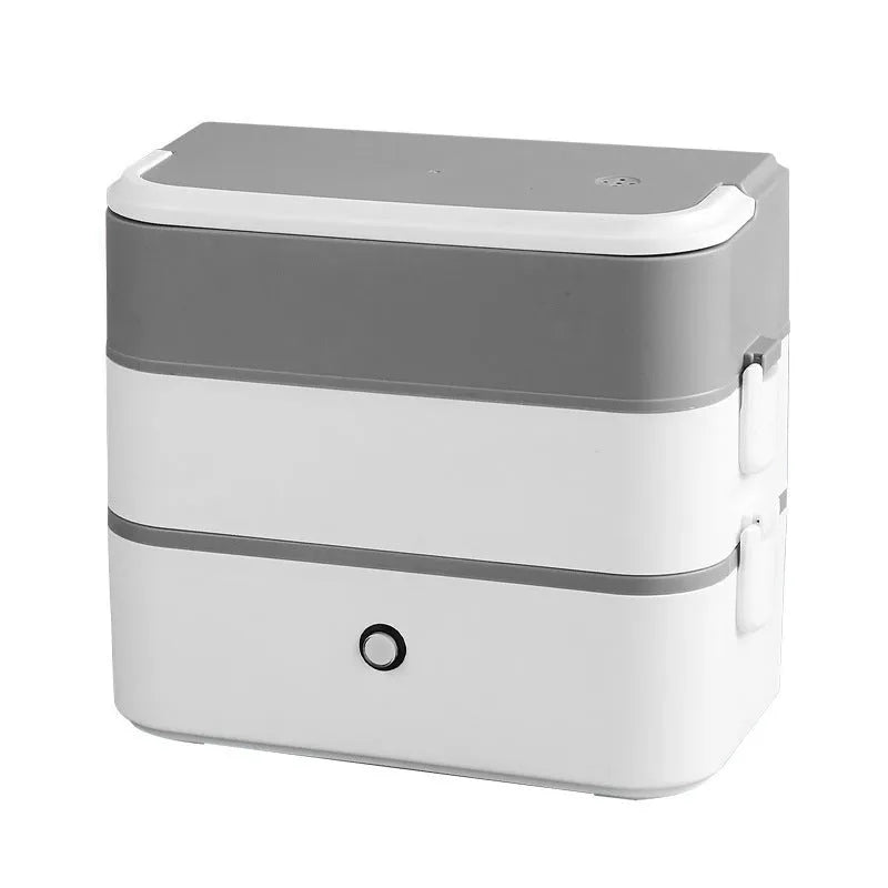 Double-layer portable heated lunch box in green, grey or pink with stainless steel liner and pluggable AC power cord