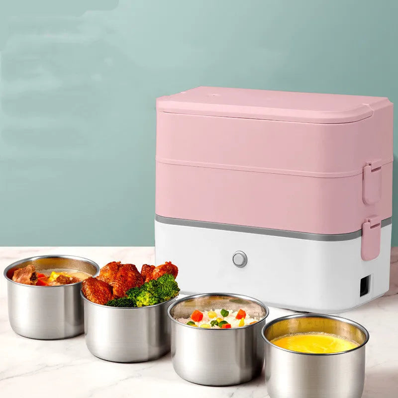 Double-layer portable heated lunch box in green, grey or pink with stainless steel liner and pluggable AC power cord