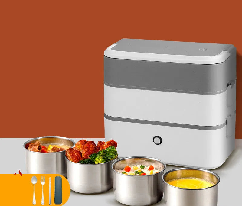 Double-layer portable heated lunch box in green, grey or pink with stainless steel liner and pluggable AC power cord
