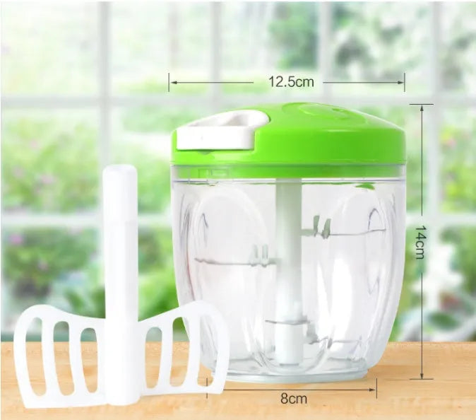 Green manual kitchen chopper with three blades and a 500ml transparent bowl.