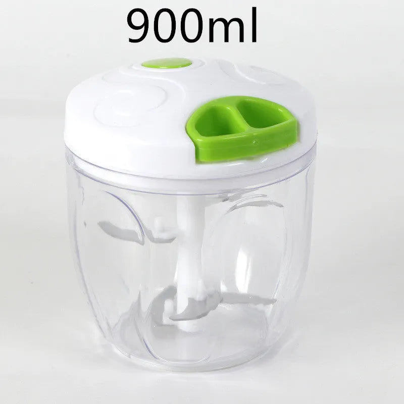 Green manual kitchen chopper with three blades and a 500ml transparent bowl.