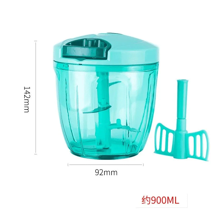 Green manual kitchen chopper with three blades and a 500ml transparent bowl.