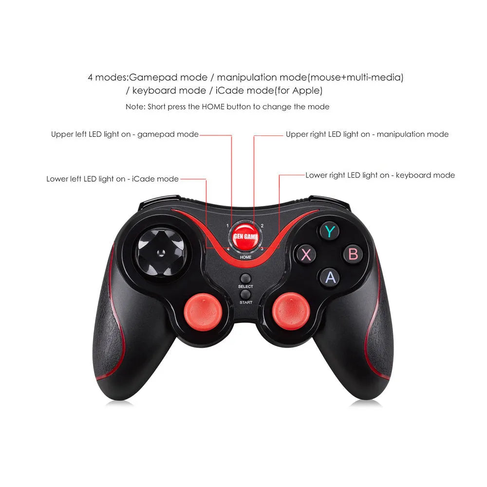 Black wireless Bluetooth mobile game controller with charging cable on a table.