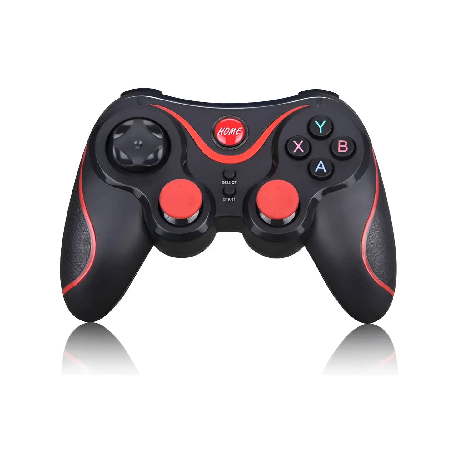Black wireless Bluetooth mobile game controller with charging cable on a table.