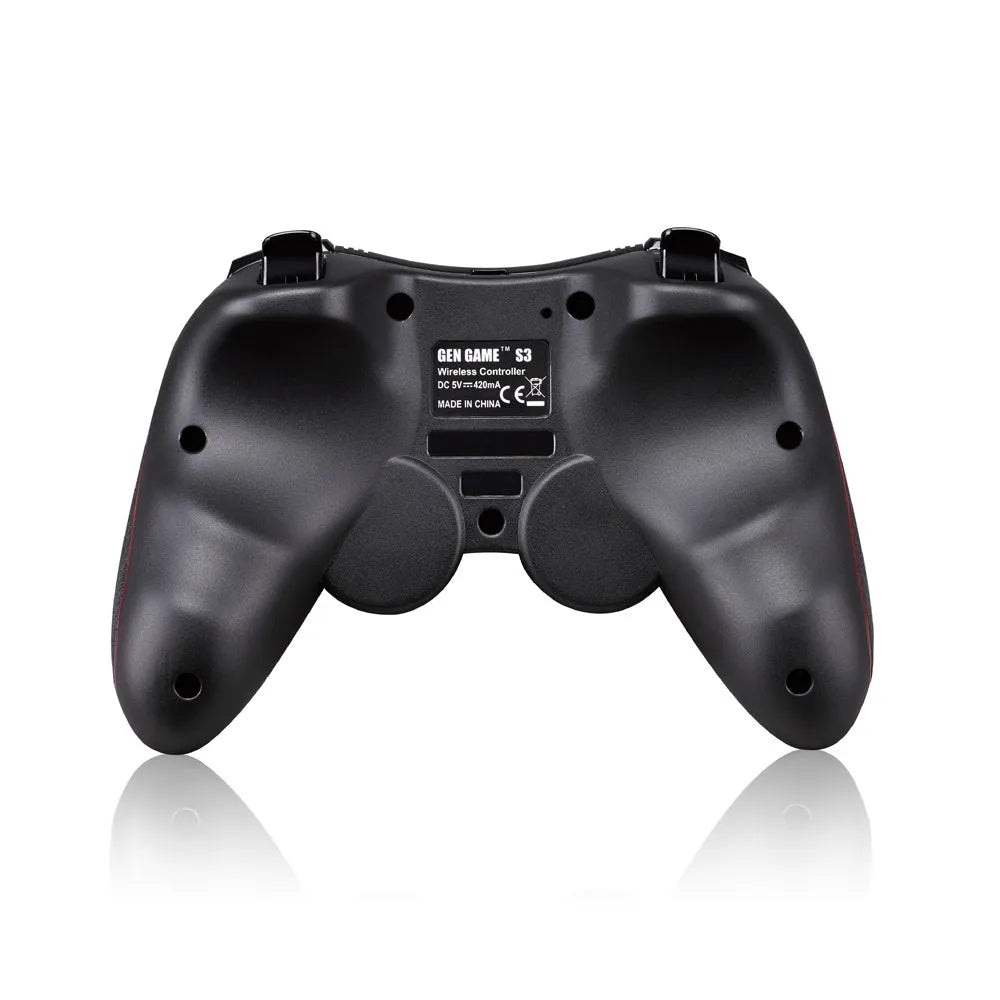 Black wireless Bluetooth mobile game controller with charging cable on a table.