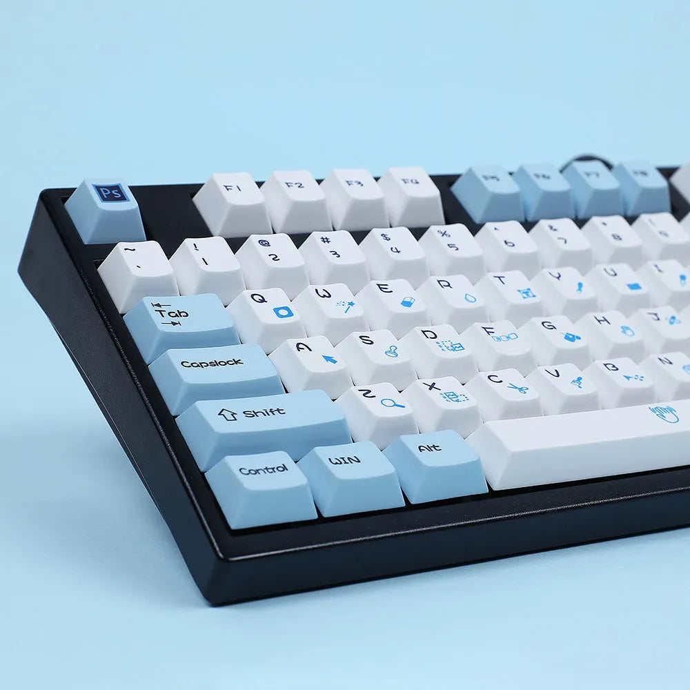 108-key PS theme mechanical keyboard replacement keycaps in blue and white sublimation printed design