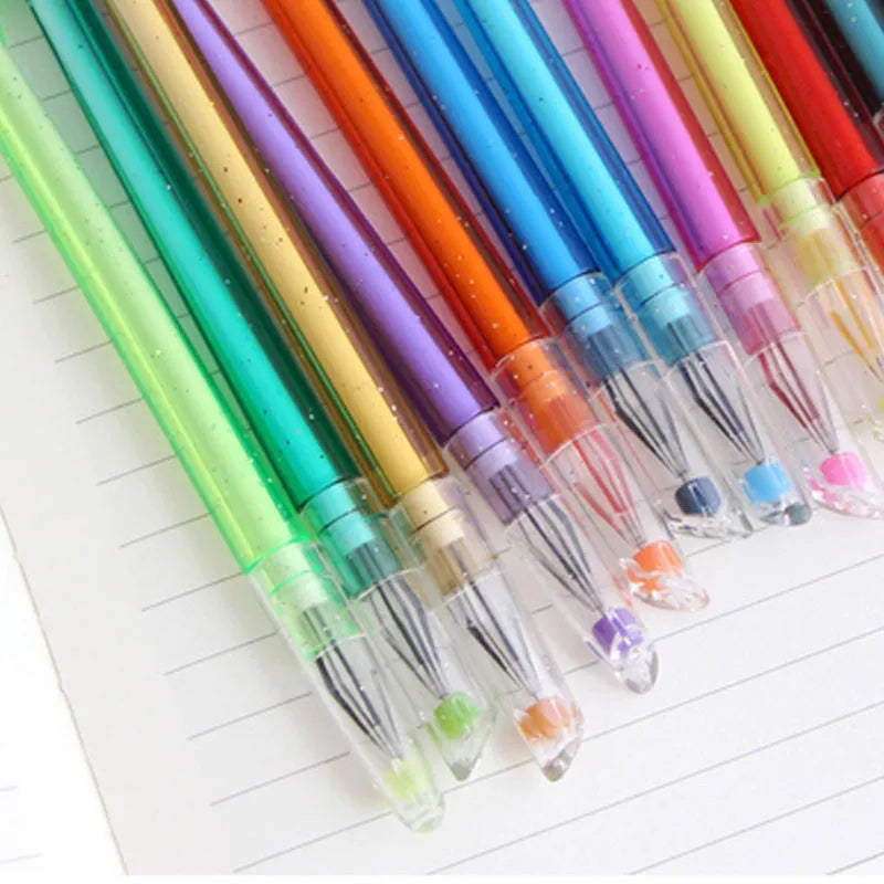 12 peacock feather design gel pens in assorted colours with 0.5mm tips, 19cm length, on white background