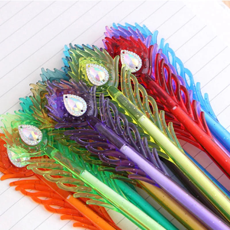 12 peacock feather design gel pens in assorted colours with 0.5mm tips, 19cm length, on white background