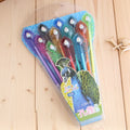 12 peacock feather design gel pens in assorted colours with 0.5mm tips, 19cm length, on white background