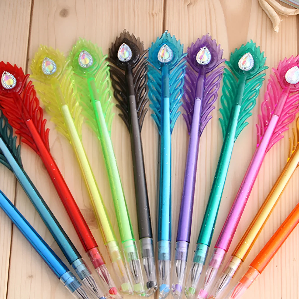 12 peacock feather design gel pens in assorted colours with 0.5mm tips, 19cm length, on white background