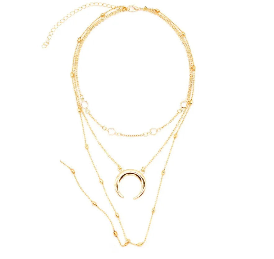 Fashion multilayer crescent moon choker necklace with bead chain and initial pendant in gold colour