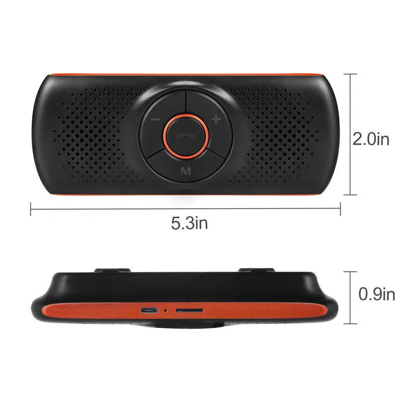 Orange plastic Bluetooth car hands-free device designed for sun visor mounting.
