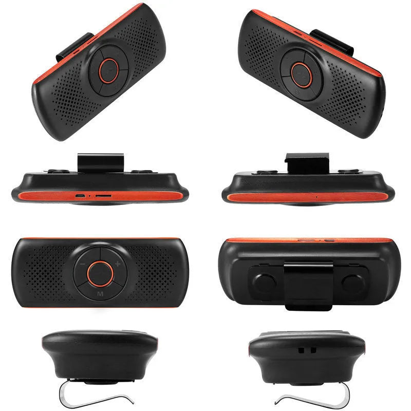 Orange plastic Bluetooth car hands-free device designed for sun visor mounting.