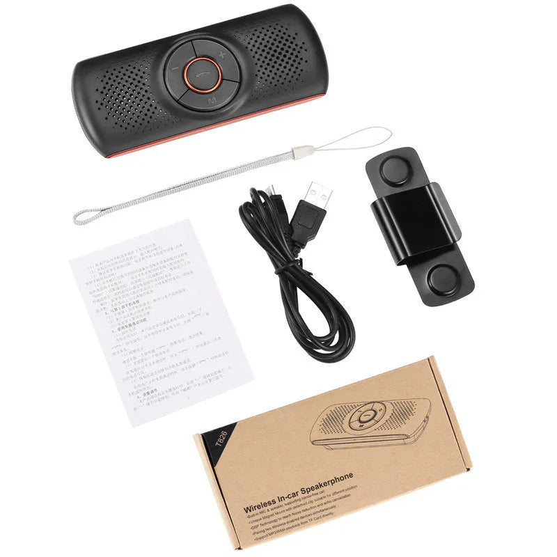 Orange plastic Bluetooth car hands-free device designed for sun visor mounting.
