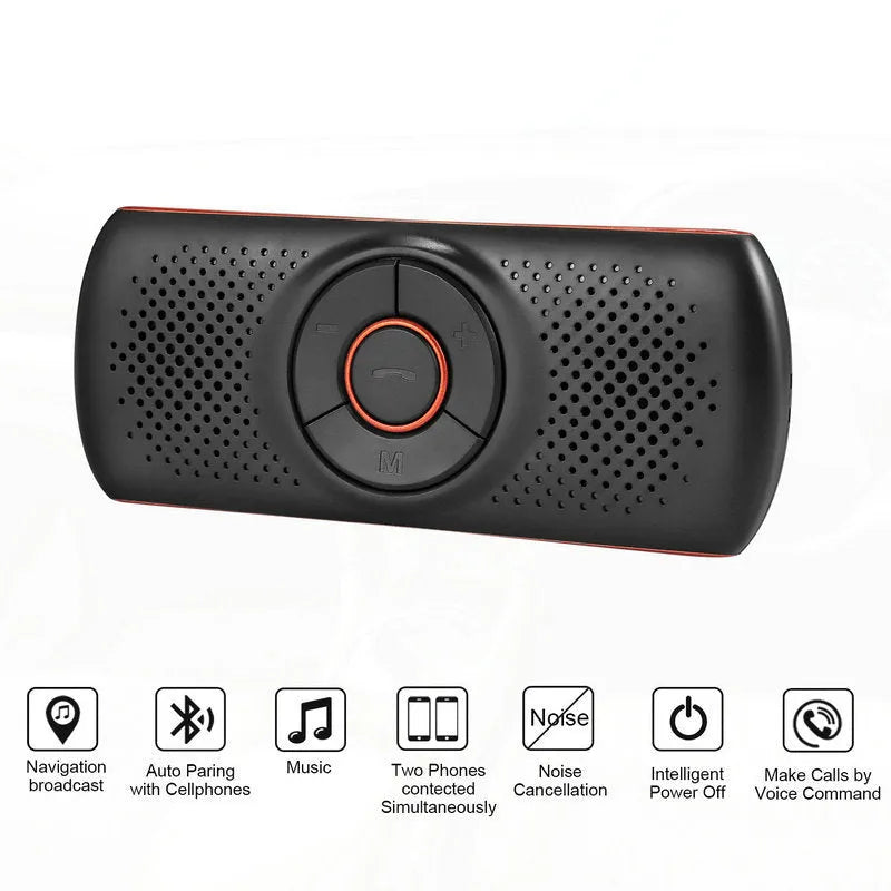 Orange plastic Bluetooth car hands-free device designed for sun visor mounting.