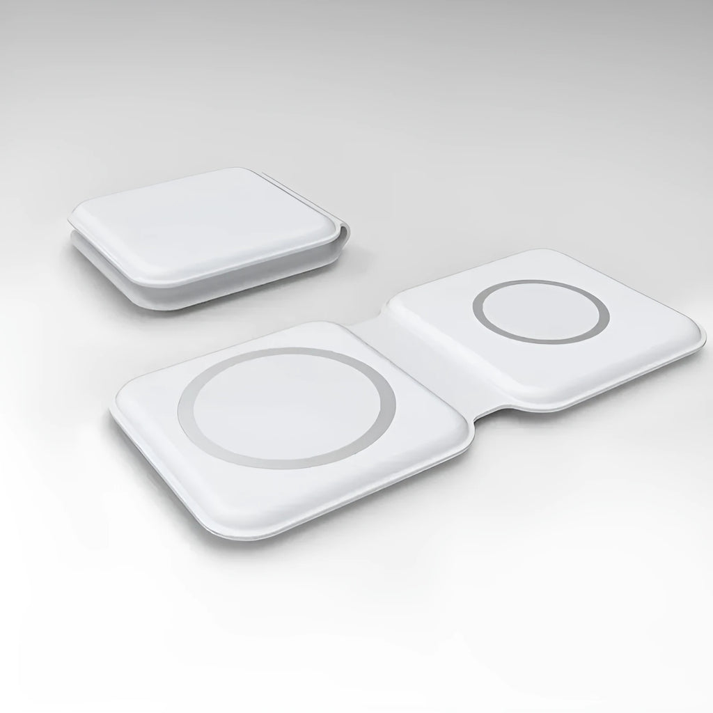 White folding magnetic wireless charging dock showing dual charging surfaces and 180-degree hinge