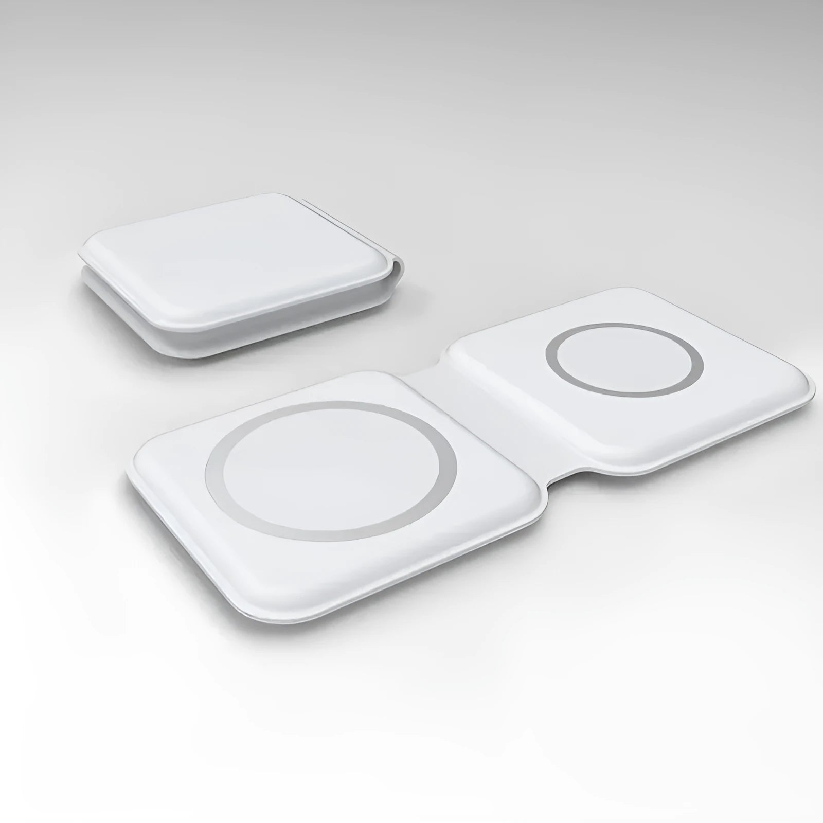 White folding magnetic wireless charging dock showing dual charging surfaces and 180-degree hinge