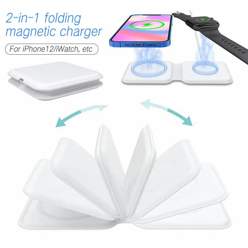 White folding magnetic wireless charging dock showing dual charging surfaces and 180-degree hinge