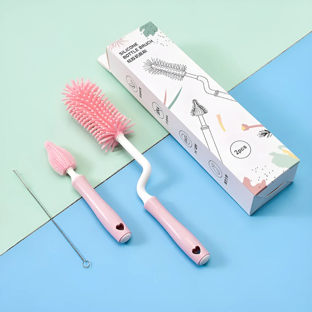 Silicone baby bottle brush set with straw cleaning brush in pink, blue, and yellow