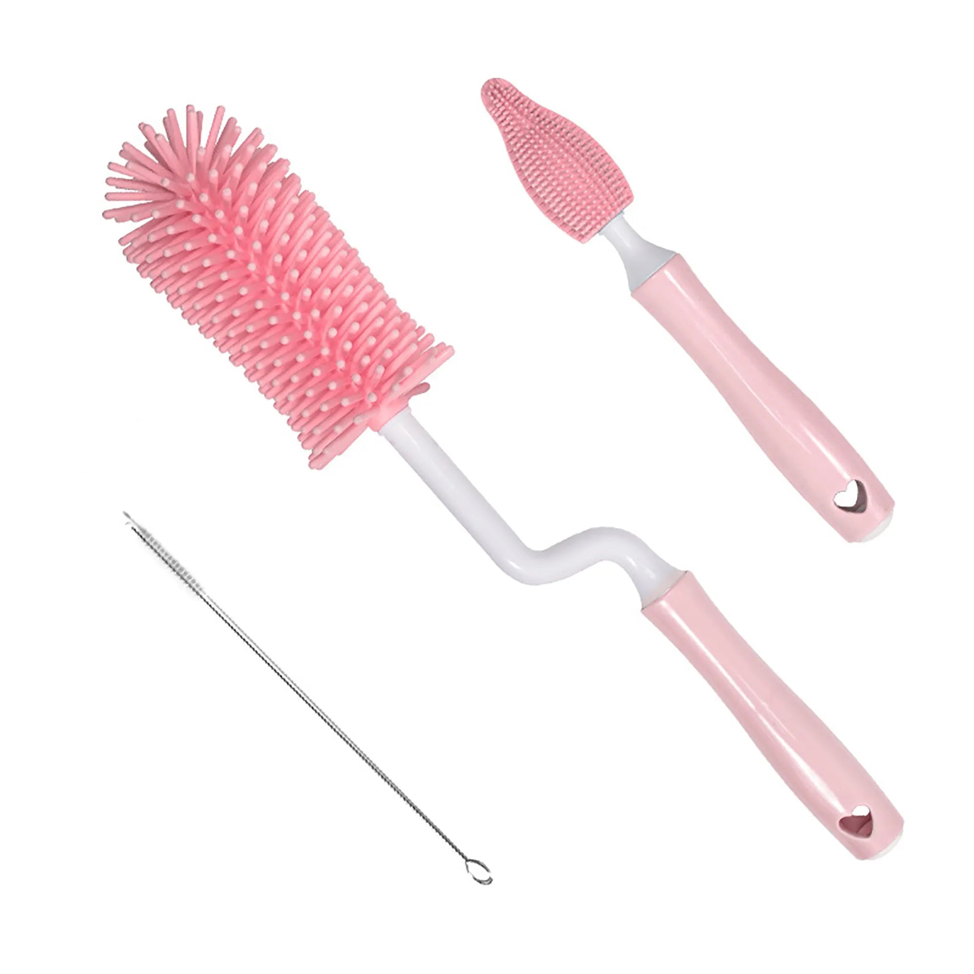 Silicone baby bottle brush set with straw cleaning brush in pink, blue, and yellow