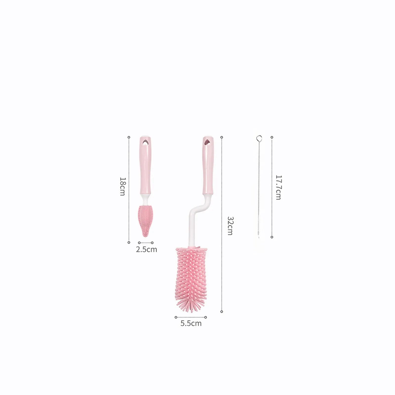 Silicone baby bottle brush set with straw cleaning brush in pink, blue, and yellow