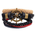 Handmade adjustable leather bracelet with wooden beads and woven design