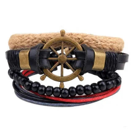 Handmade adjustable leather bracelet with wooden beads and woven design