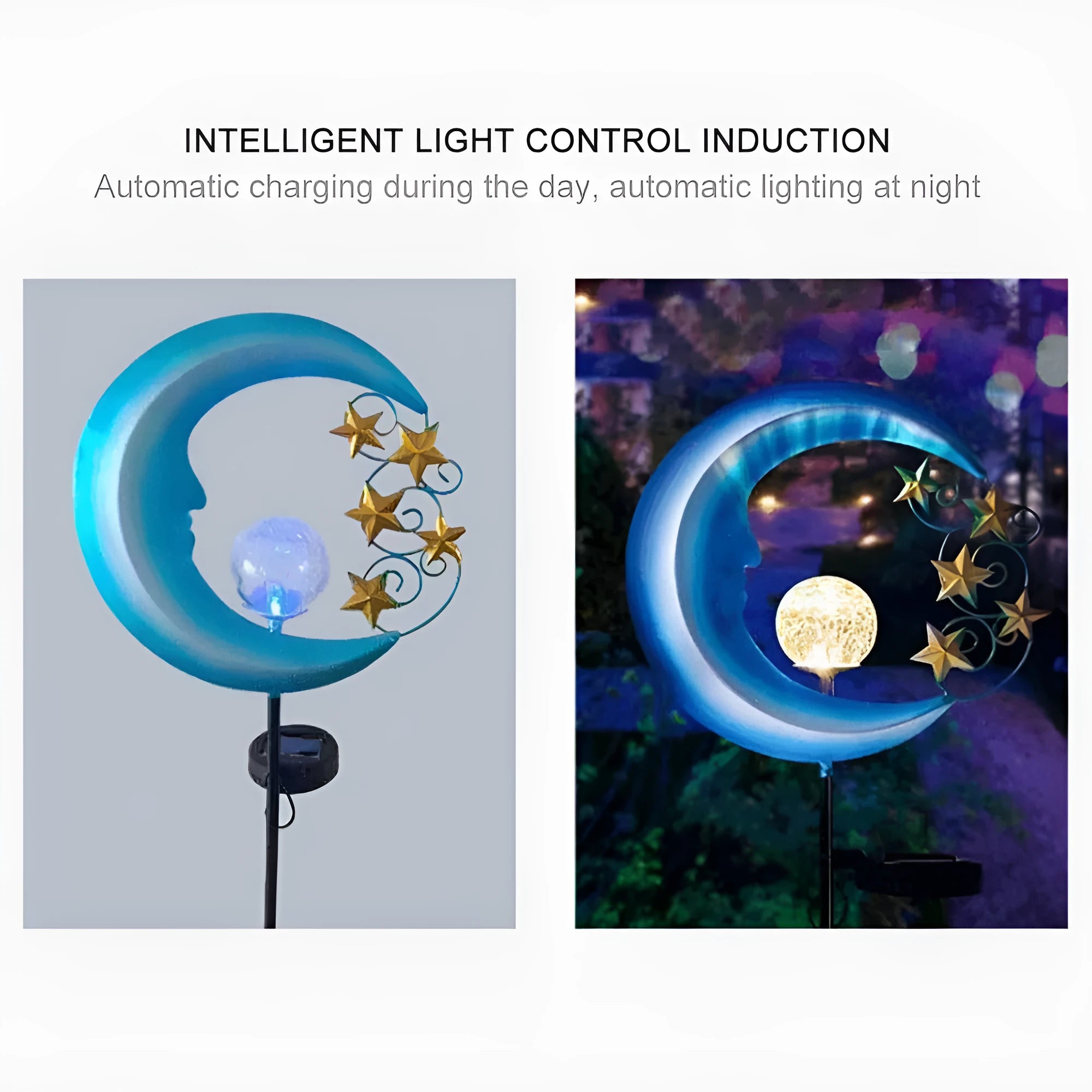Solar-powered blue moon garden light with wrought iron frame and glass ball