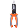 Orange multifunctional electrician's pliers and wire stripper tool with duckbill head on a workbench.