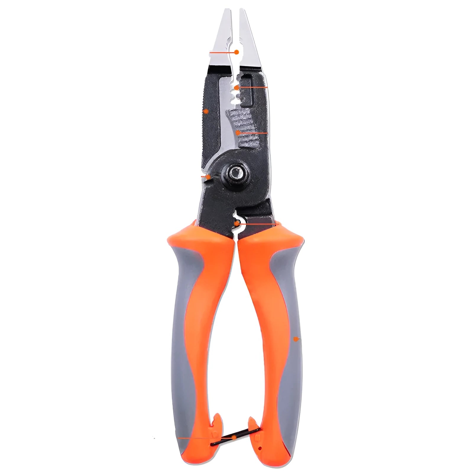 Orange multifunctional electrician's pliers and wire stripper tool with duckbill head on a workbench.