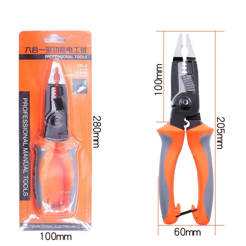 Orange multifunctional electrician's pliers and wire stripper tool with duckbill head on a workbench.