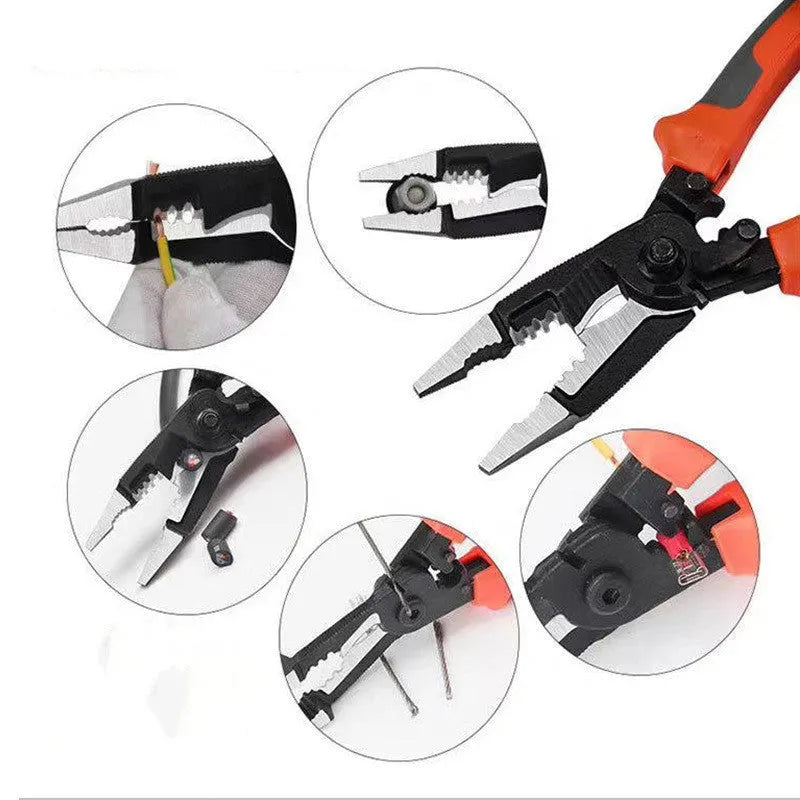 Orange multifunctional electrician's pliers and wire stripper tool with duckbill head on a workbench.