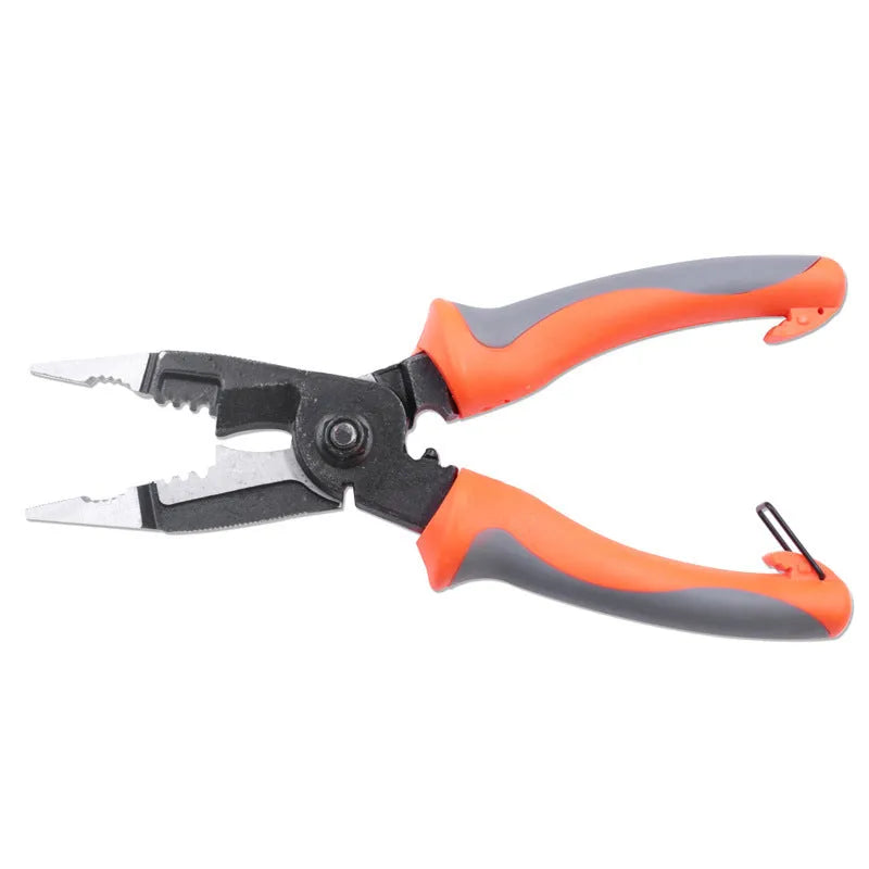 Orange multifunctional electrician's pliers and wire stripper tool with duckbill head on a workbench.