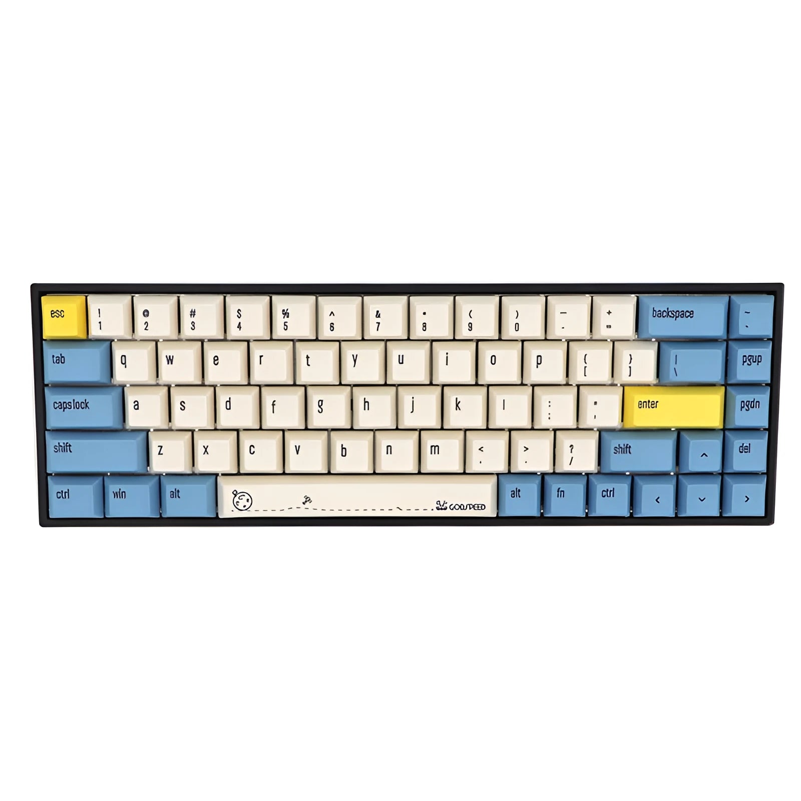 68-key PBT keycap set for mechanical keyboards in multiple colour options including blue, pink, and grey.