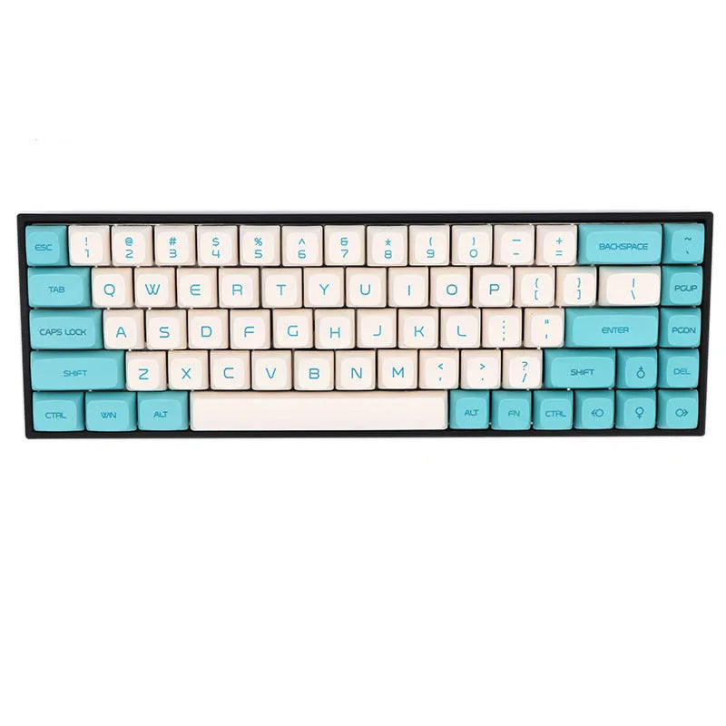 68-key PBT keycap set for mechanical keyboards in multiple colour options including blue, pink, and grey.