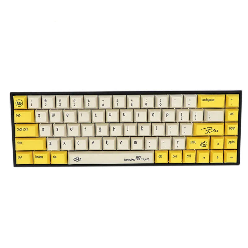 68-key PBT keycap set for mechanical keyboards in multiple colour options including blue, pink, and grey.