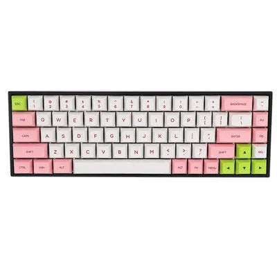 68-key PBT keycap set for mechanical keyboards in multiple colour options including blue, pink, and grey.