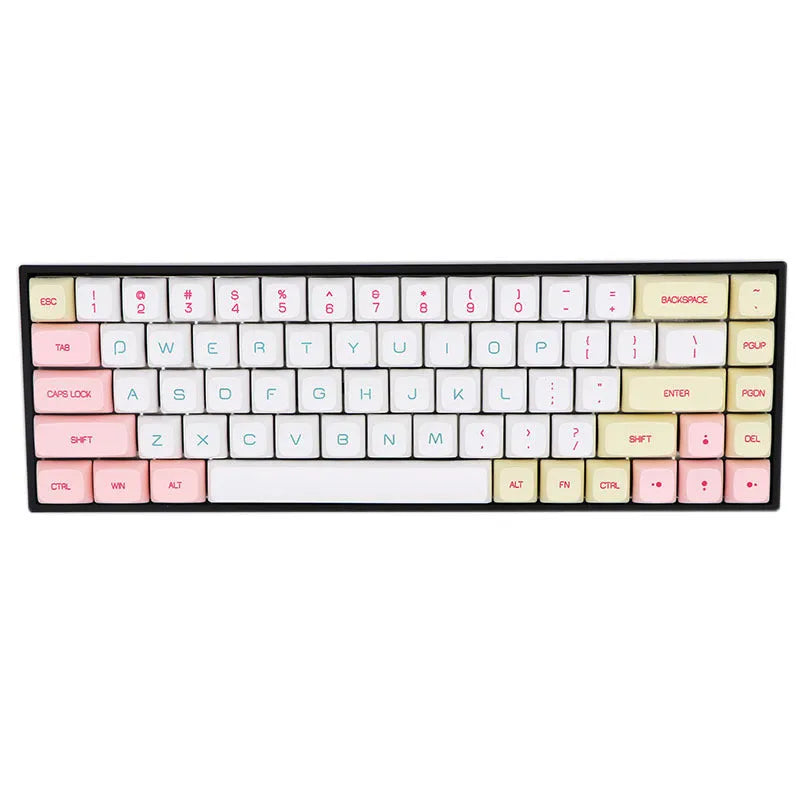 68-key PBT keycap set for mechanical keyboards in multiple colour options including blue, pink, and grey.
