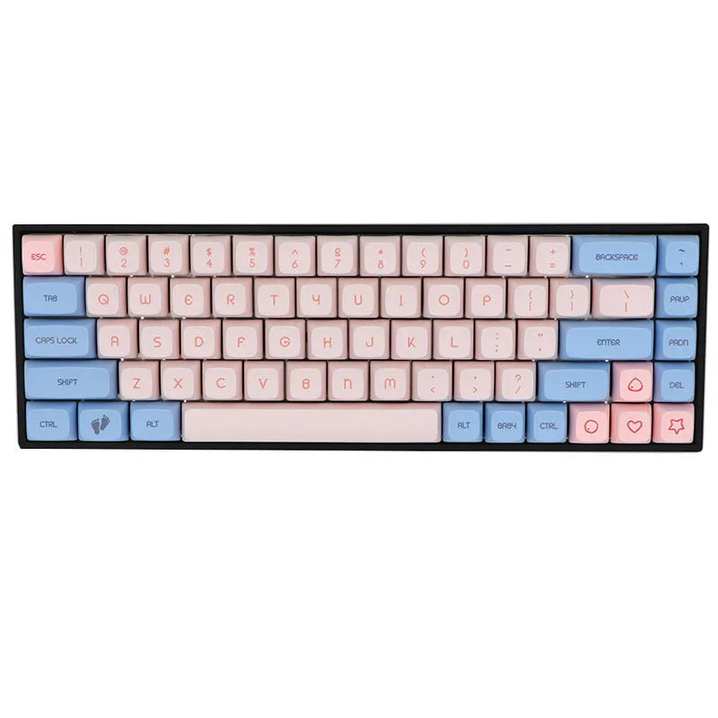 68-key PBT keycap set for mechanical keyboards in multiple colour options including blue, pink, and grey.