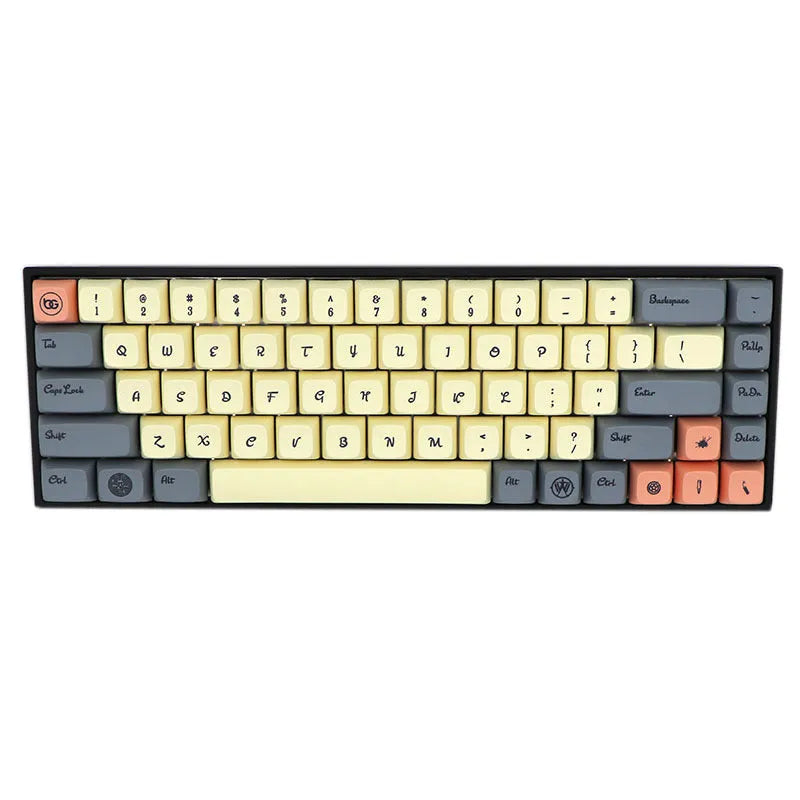 68-key PBT keycap set for mechanical keyboards in multiple colour options including blue, pink, and grey.