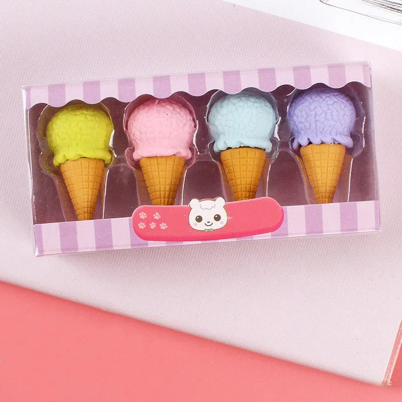 Three sets of cartoon erasers for kindergarten children featuring cones, ice creams, donuts and lollipops