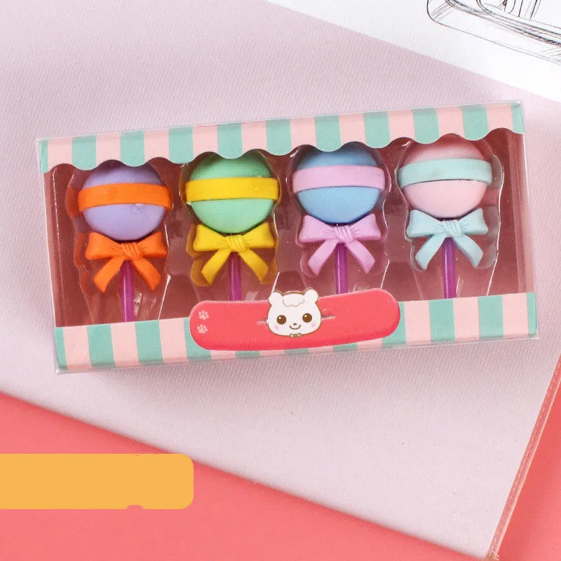 Three sets of cartoon erasers for kindergarten children featuring cones, ice creams, donuts and lollipops