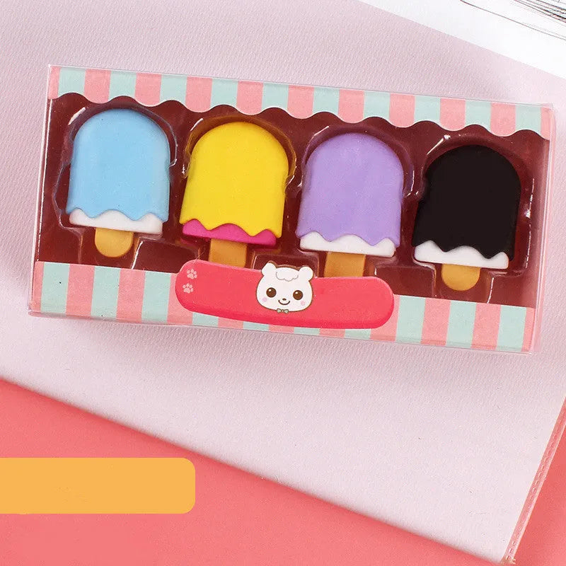 Three sets of cartoon erasers for kindergarten children featuring cones, ice creams, donuts and lollipops