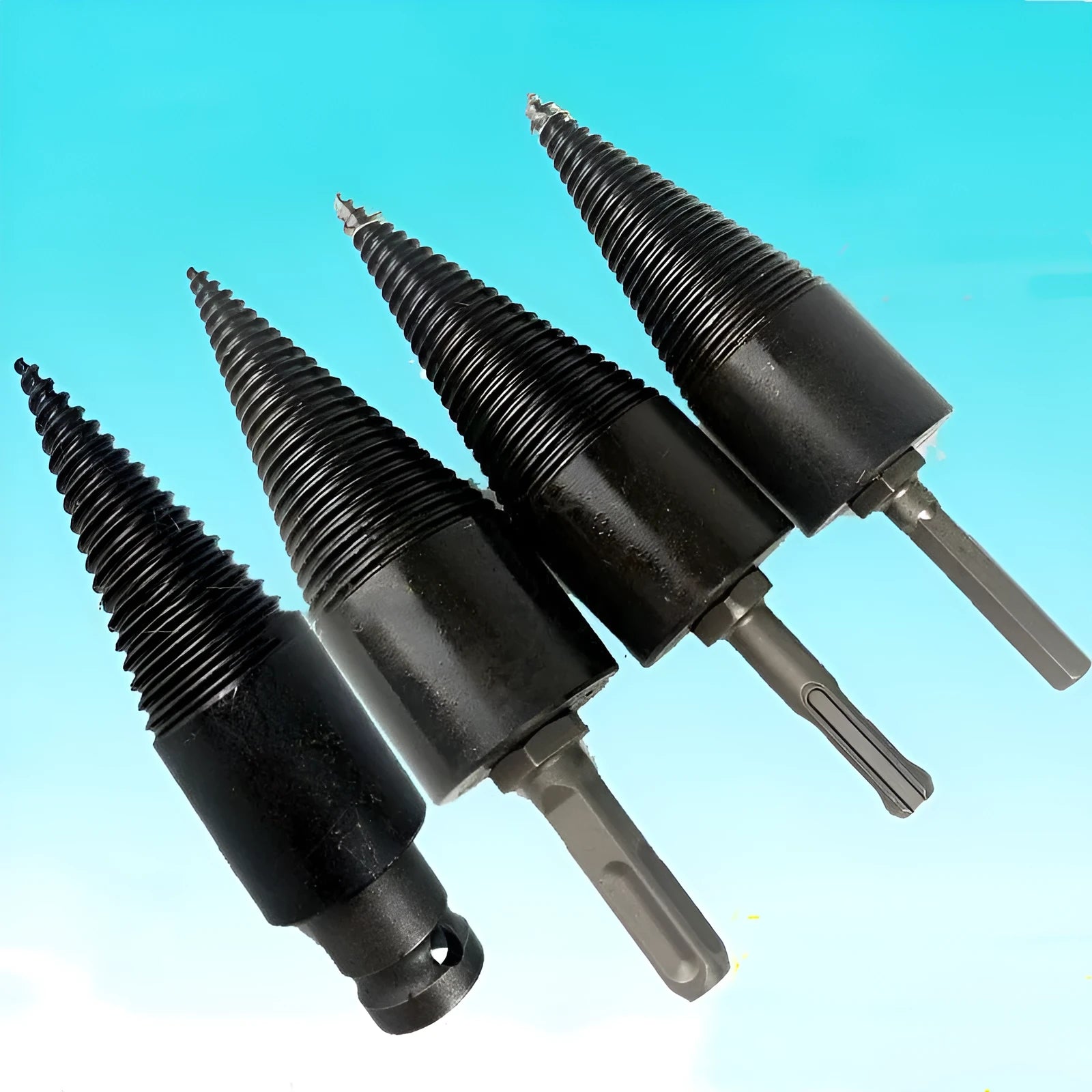 Hexagonal metal firewood splitting drill bit with conical tip, shown in 32mm and 42mm sizes for hand electric drills.